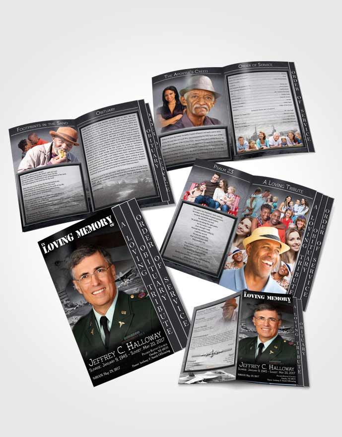 4 Page Grad Obituary Template Brochure Black and White Navy Salute
