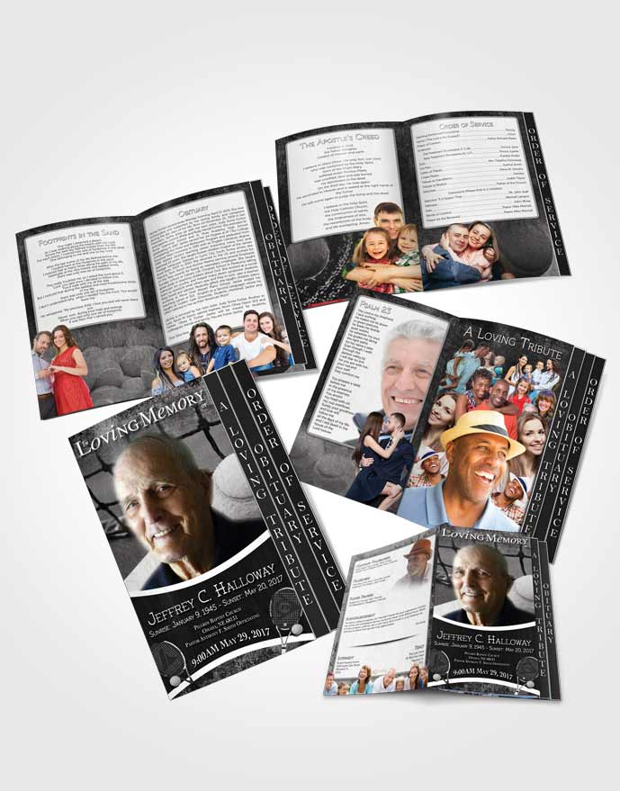 4 Page Grad Obituary Template Brochure Black and White Tennis Star