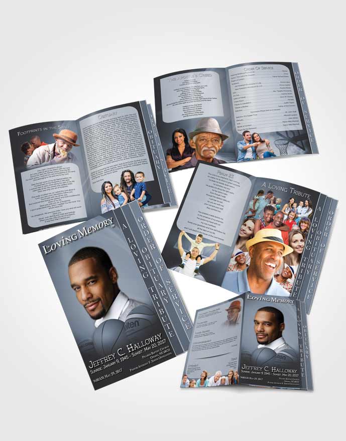4 Page Grad Obituary Template Brochure Blue Serenity Basketball Lover Light