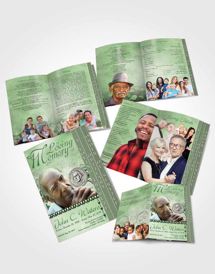 4 Page Grad Obituary Template Brochure Collecting Stamps and Coins Emerald Glow