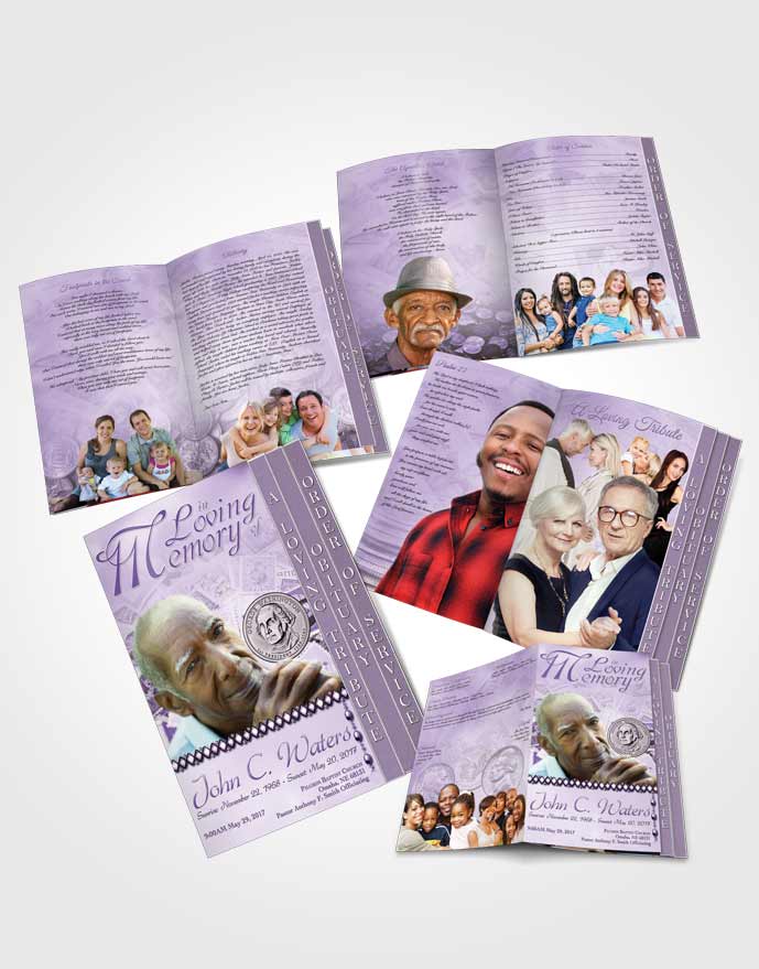 4 Page Grad Obituary Template Brochure Collecting Stamps and Coins Lavender Honor