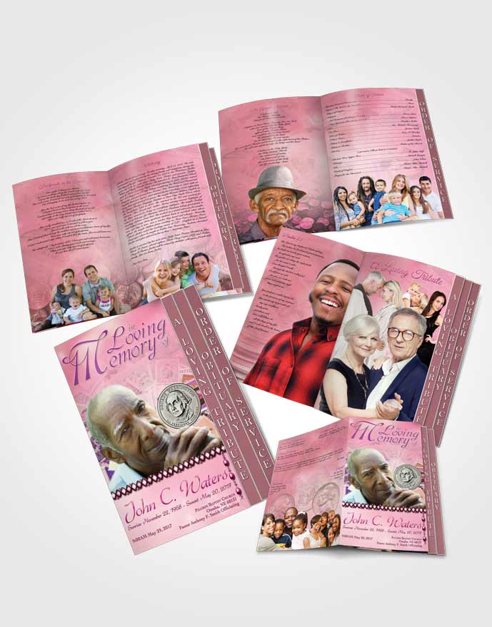 4 Page Grad Obituary Template Brochure Collecting Stamps and Coins Pink Lust