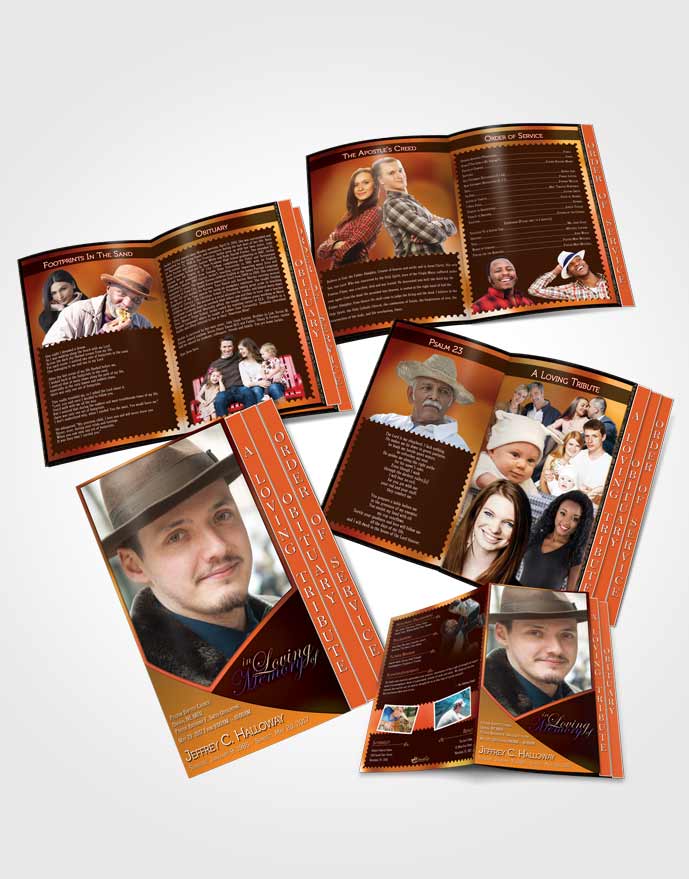 4 Page Grad Obituary Template Brochure Crystal Harmony Carrot Orange Dark