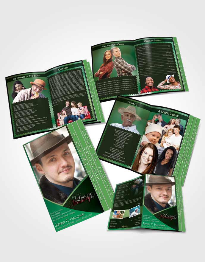 4 Page Grad Obituary Template Brochure Crystal Harmony Shamrock Green Dark