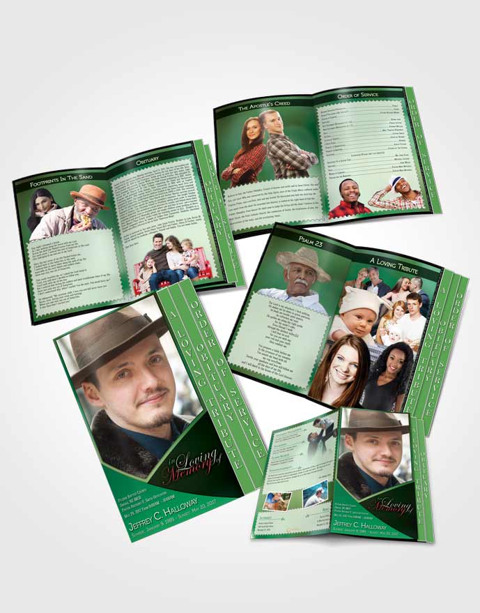 4 Page Grad Obituary Template Brochure Crystal Harmony Shamrock Green Light