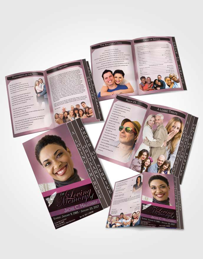 4 Page Grad Obituary Template Brochure Divine Essence Pink Carnation