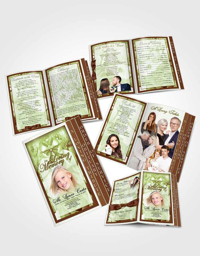 4 Page Graduated Step Fold Obituary Template Brochure Emerald Bliss Petals in the Wind