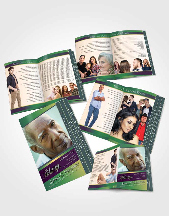 4 Page Grad Obituary Template Brochure Emerald Serenity Tranquility Light
