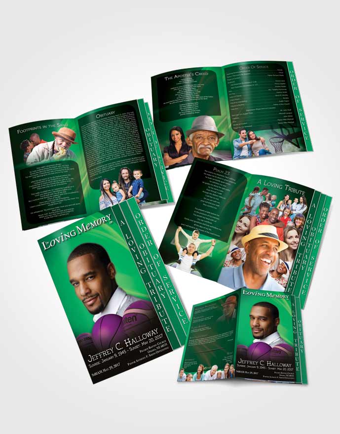 4 Page Grad Obituary Template Brochure Forest Basketball Lover Dark