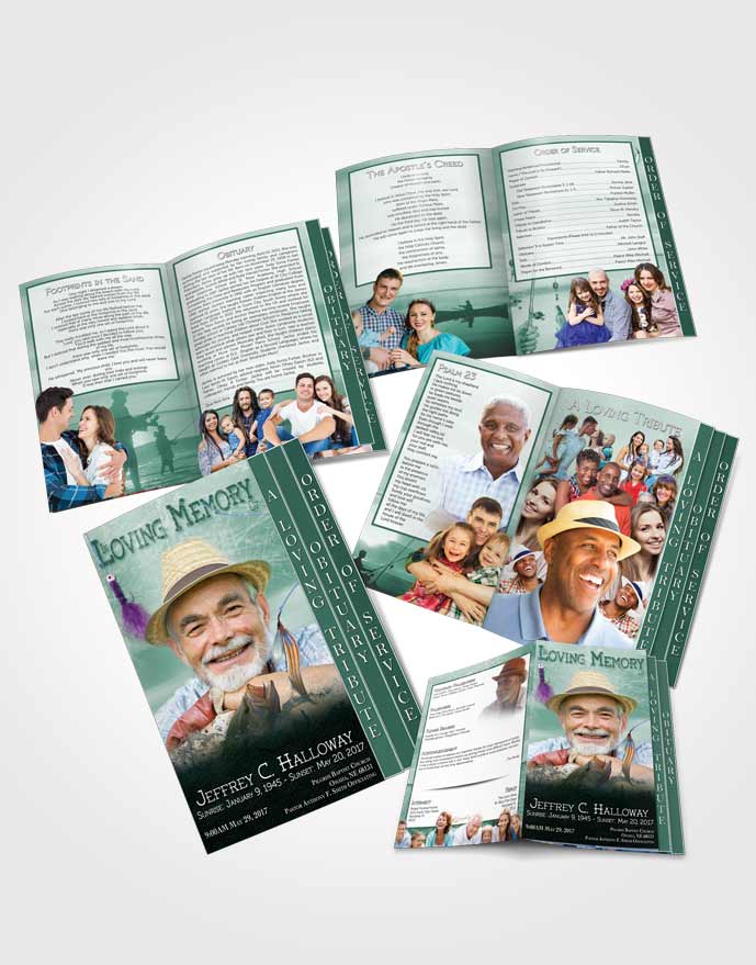 4 Page Grad Obituary Template Brochure Forest Waters Calm Fisherman