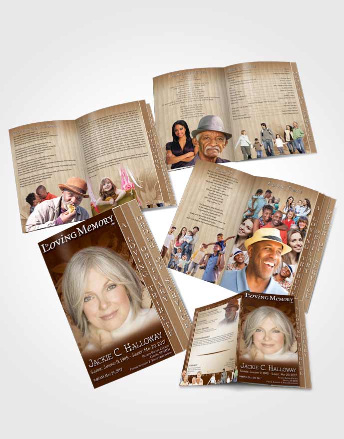 4 Page Graduated Step Fold Obituary Template Brochure Golden Artistic Bouquet