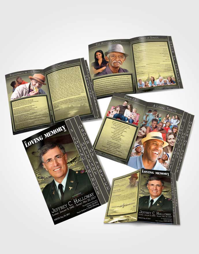 4 Page Grad Obituary Template Brochure Golden Navy Salute