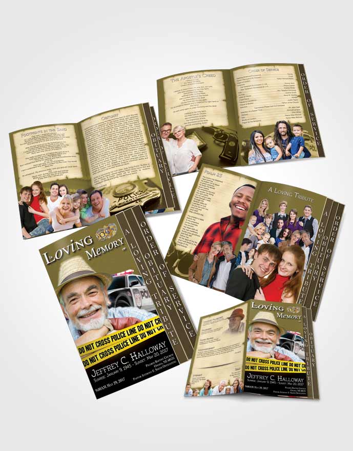 4 Page Grad Obituary Template Brochure Golden Police On Duty