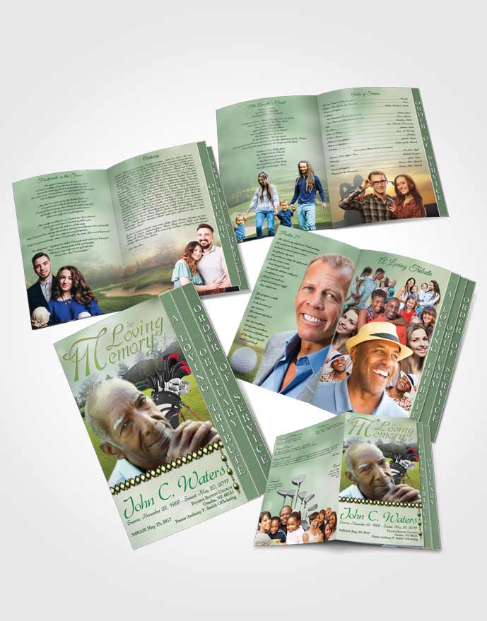 4 Page Grad Obituary Template Brochure Golfing Day Emerald Sky