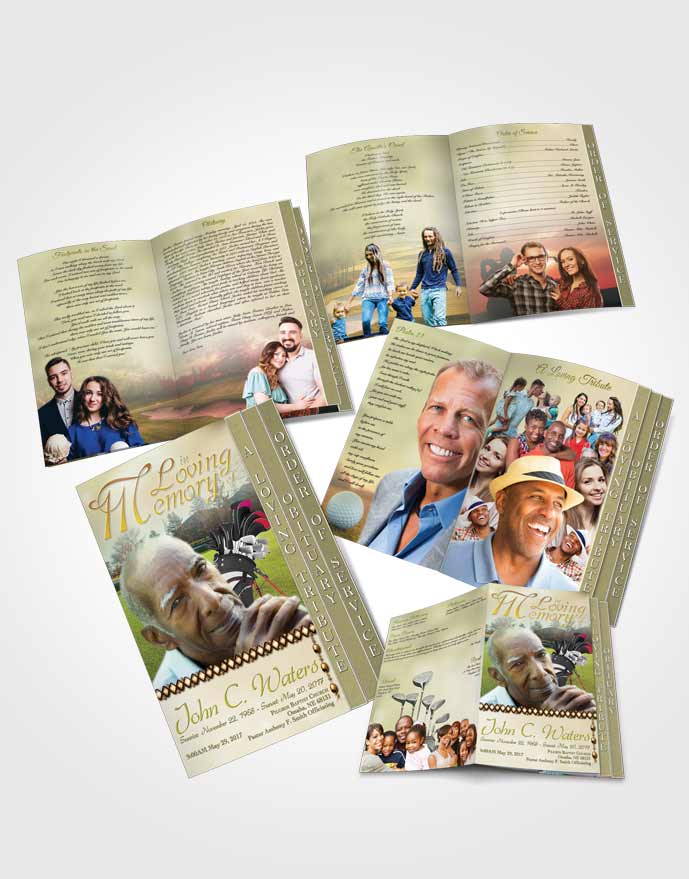 4 Page Grad Obituary Template Brochure Golfing Day Golden Sunset