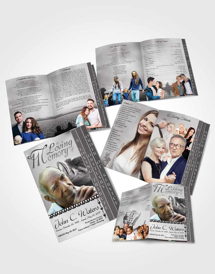 4 Page Grad Obituary Template Brochure Gone Fishing Black and White