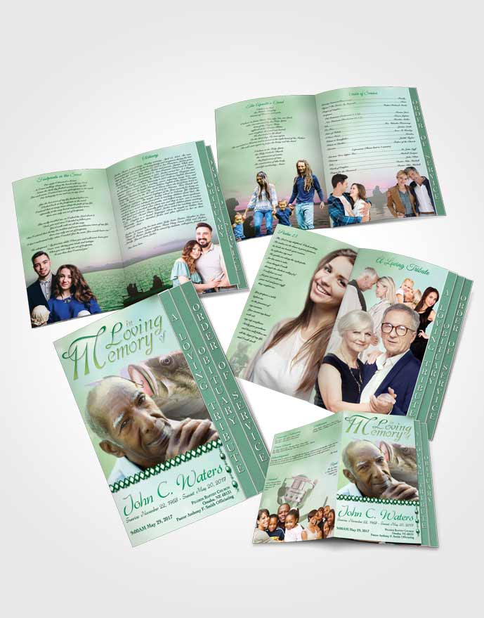 4 Page Grad Obituary Template Brochure Gone Fishing Emerald Waters