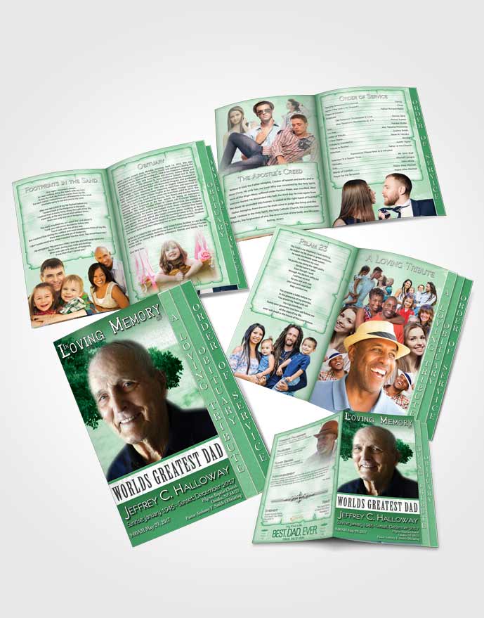 4 Page Graduated Step Fold Obituary Template Brochure Greatest Dad Glowing Emerald