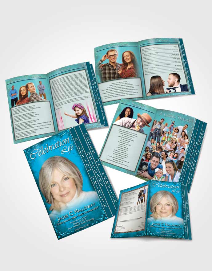 4 Page Grad Obituary Template Brochure Heavens Touch Turquoise Laughter