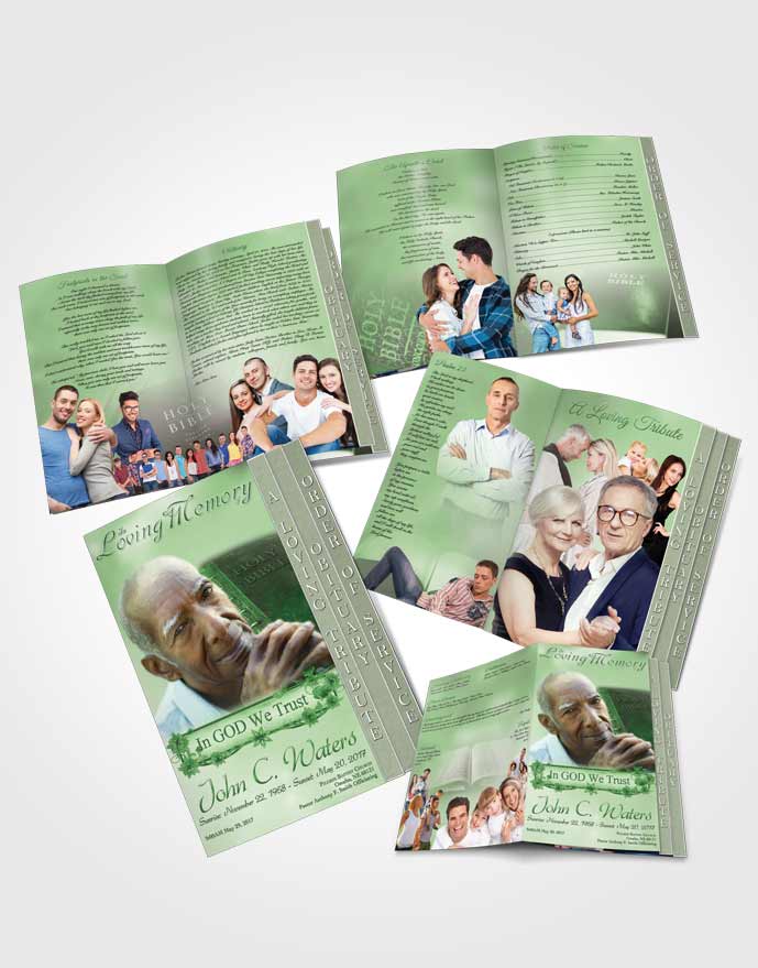 4 Page Grad Obituary Template Brochure Holy Bible Emerald Glow