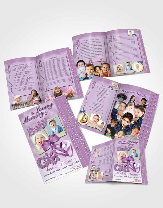 4 Page Graduated Step Fold Obituary Template Brochure Lavender Sunrise Baby Girl