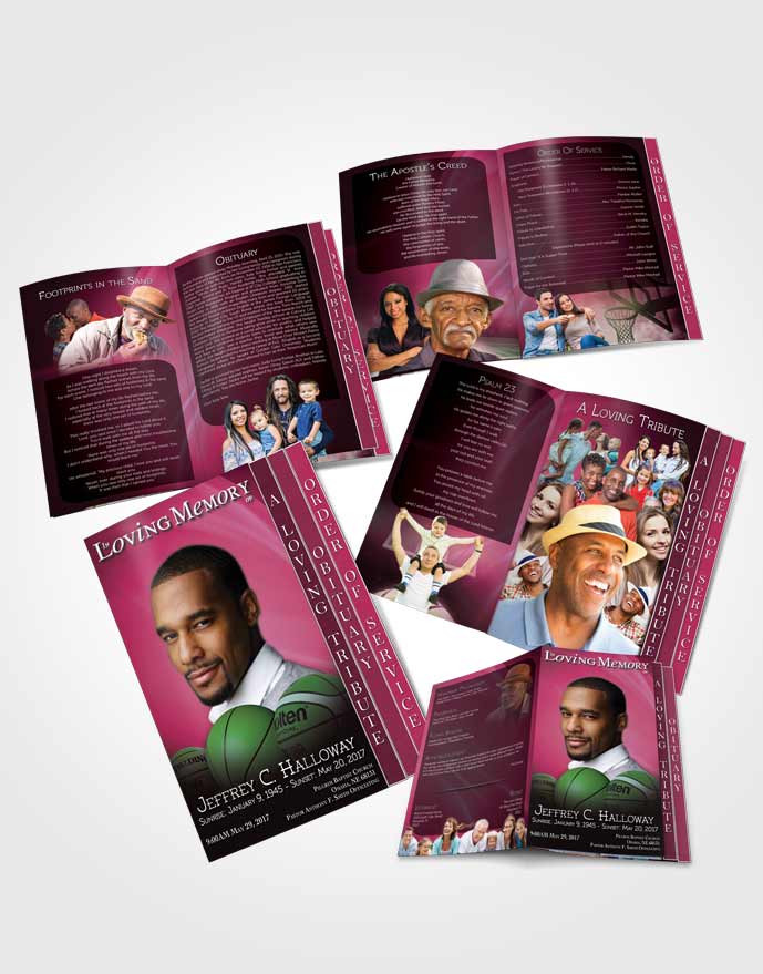 4 Page Grad Obituary Template Brochure Pink Basketball Lover Dark