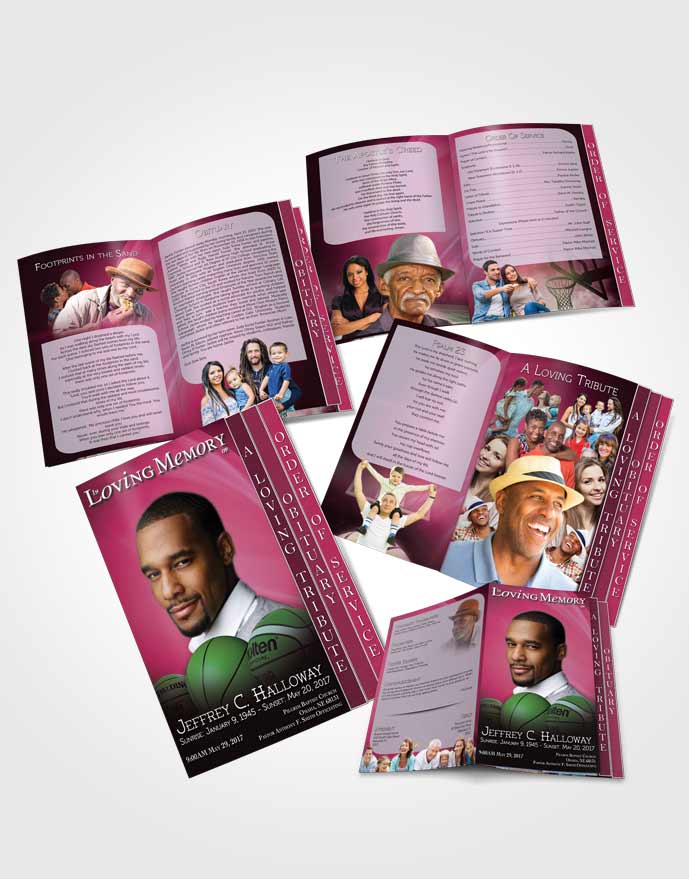 4 Page Grad Obituary Template Brochure Pink Basketball Lover Light
