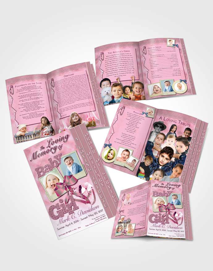 4 Page Graduated Step Fold Obituary Template Brochure Pink Faith Baby Girl