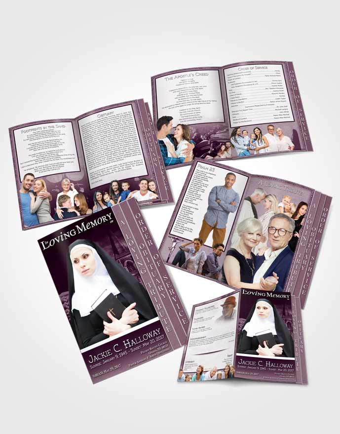 4 Page Grad Obituary Template Brochure Pink Heavenly Nun