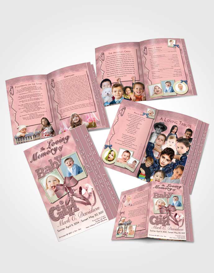 4 Page Graduated Step Fold Obituary Template Brochure Pink Serenity Baby Girl