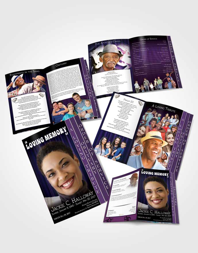 4 Page Grad Obituary Template Brochure Purple Actor