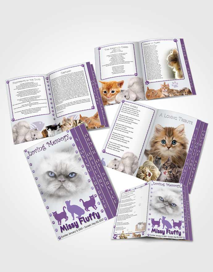 4 Page Grad Obituary Template Brochure Purple Fluffy Cat