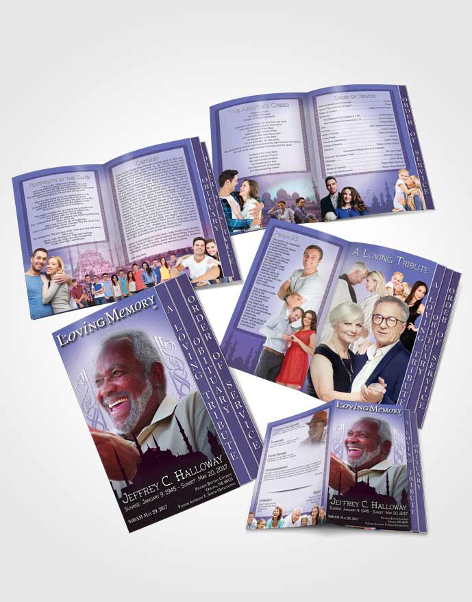4 Page Grad Obituary Template Brochure Purple Islamic Serenity