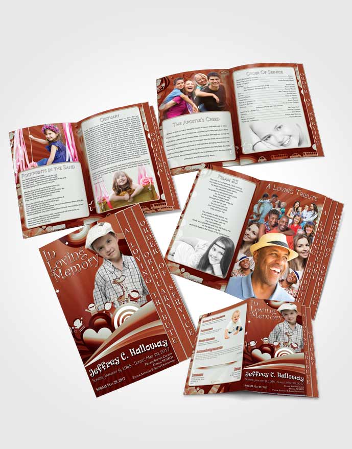 4 Page Graduated Step Fold Obituary Template Brochure Red Laughter Childs Journey
