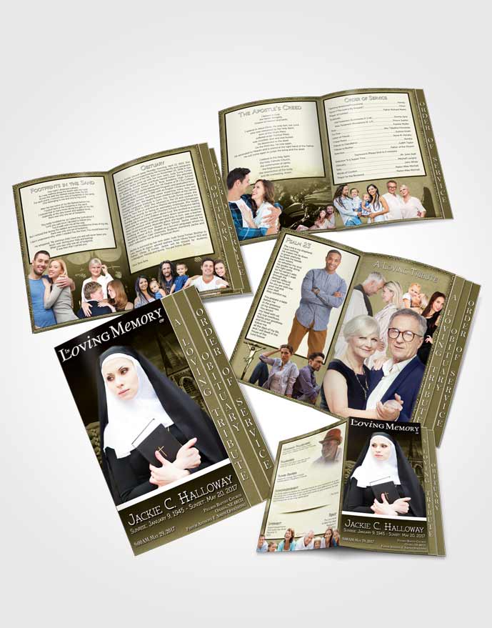 4 Page Grad Obituary Template Brochure Rustic Heavenly Nun