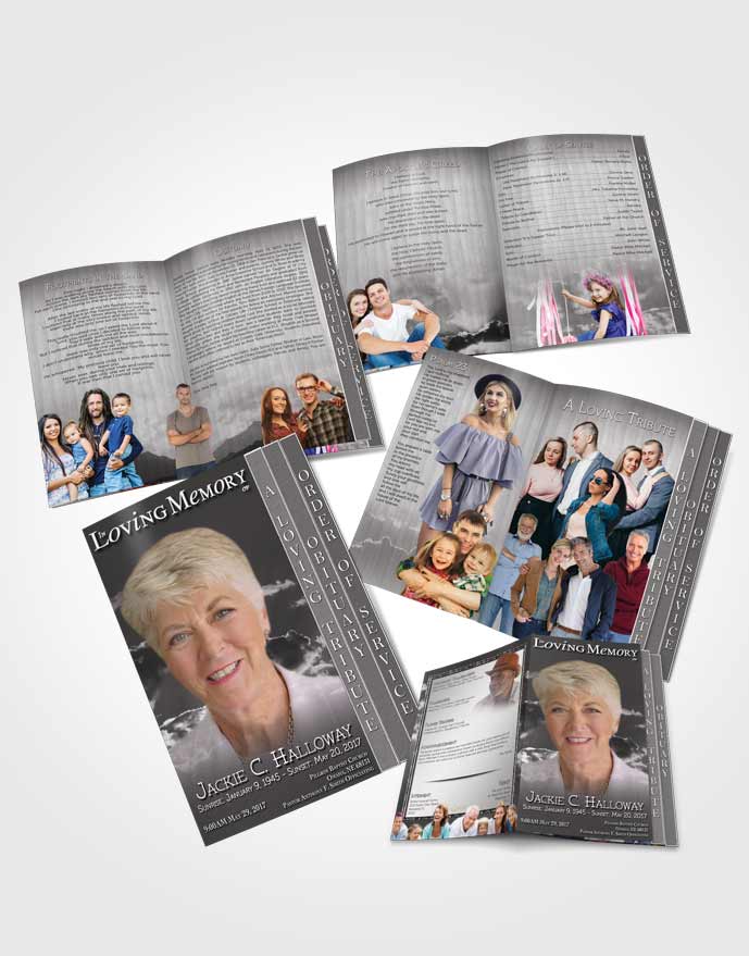 4 Page Grad Obituary Template Brochure Shining Black and White Clouds