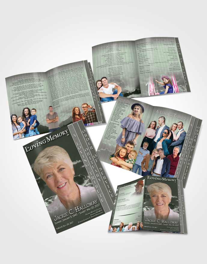 4 Page Grad Obituary Template Brochure Shining Emerald Clouds