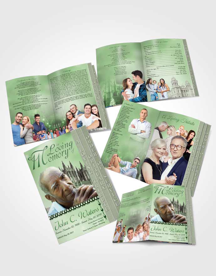 4 Page Grad Obituary Template Brochure Spring Cathedral Emerald Glow