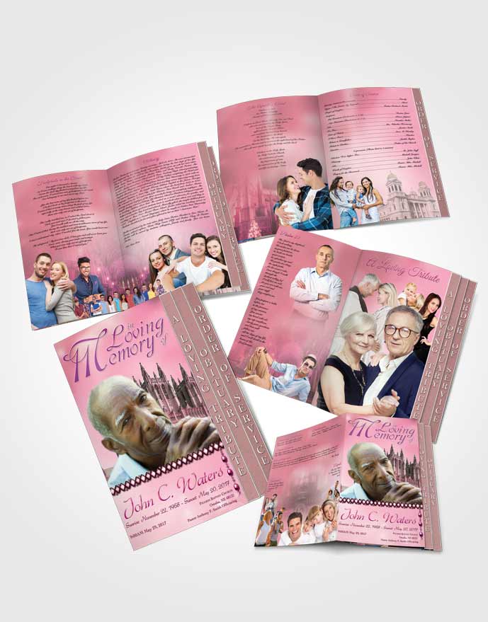 4 Page Grad Obituary Template Brochure Spring Cathedral Pink Lust