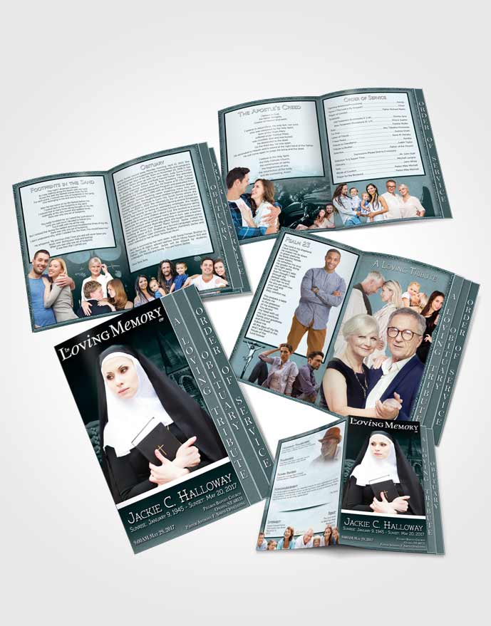 4 Page Grad Obituary Template Brochure Turquoise Heavenly Nun