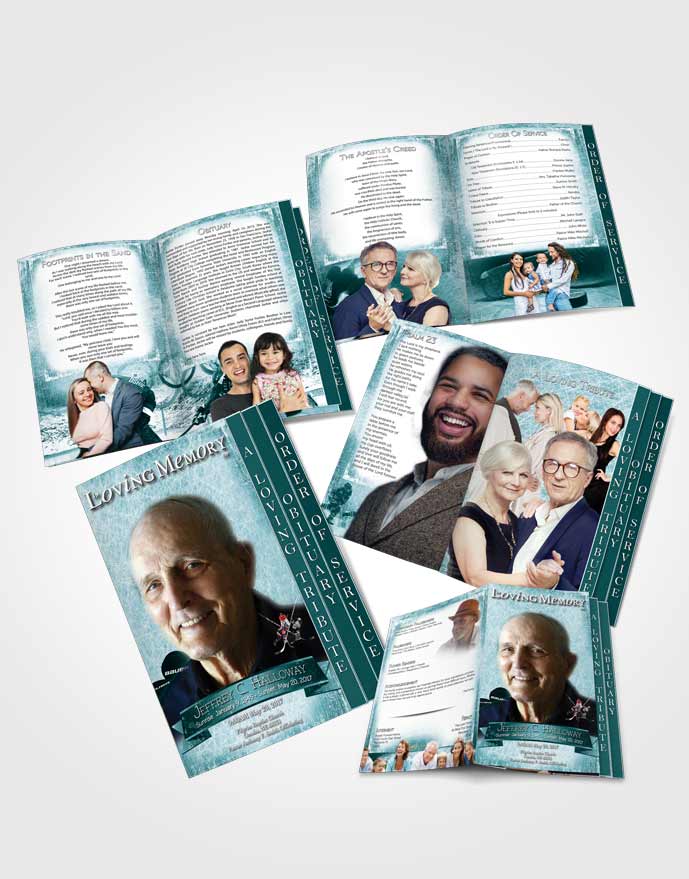 4 Page Grad Obituary Template Brochure Turquoise Hockey Star