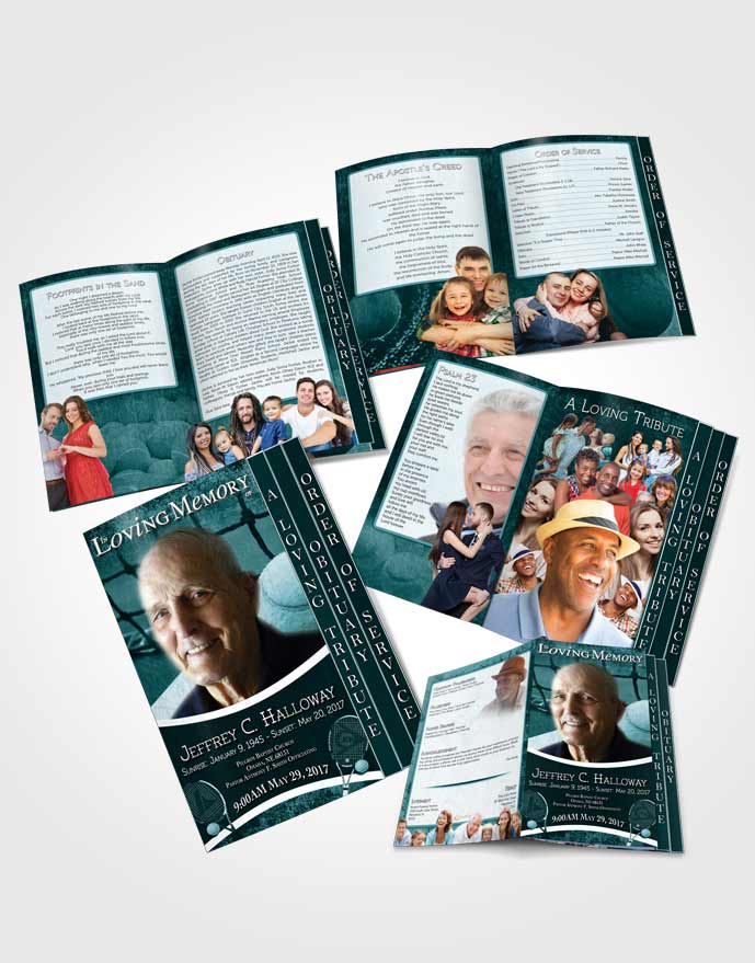 4 Page Grad Obituary Template Brochure Turquoise Serenity Tennis Star