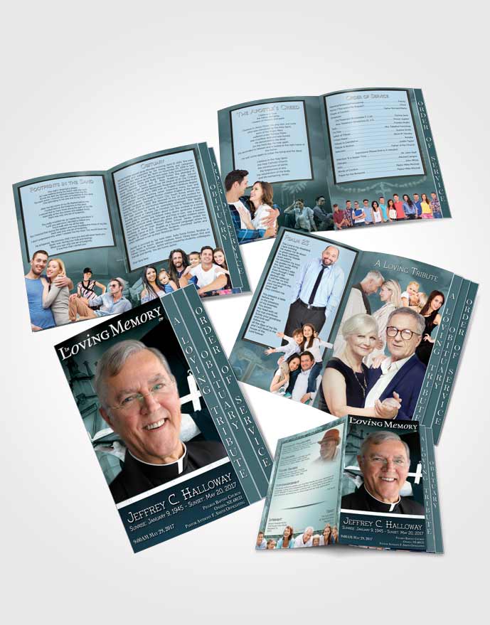 4 Page Grad Obituary Template Brochure Turquoise Sky Heavenly Priest