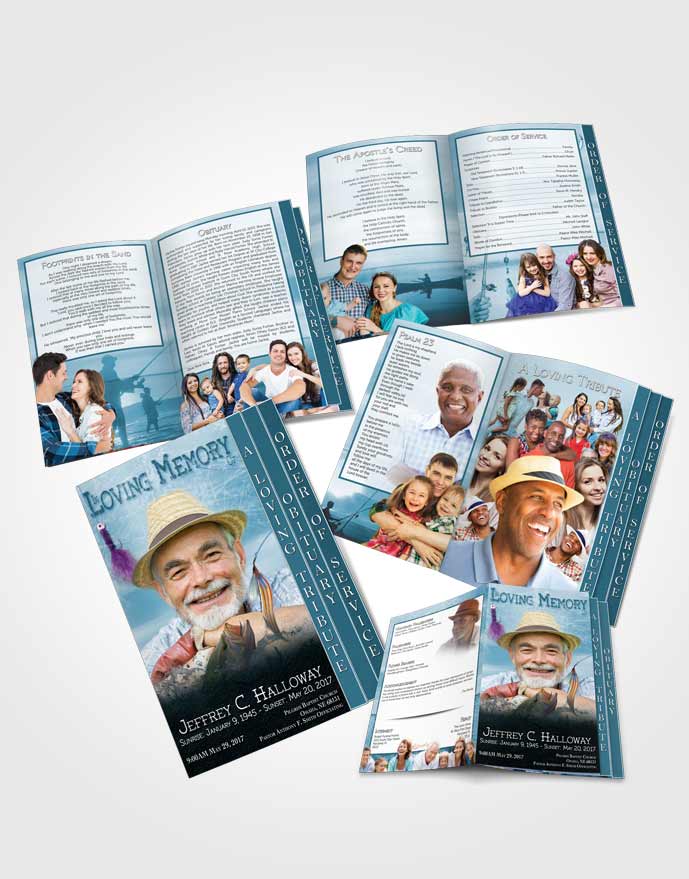4 Page Grad Obituary Template Brochure Turquoise Waters Calm Fisherman