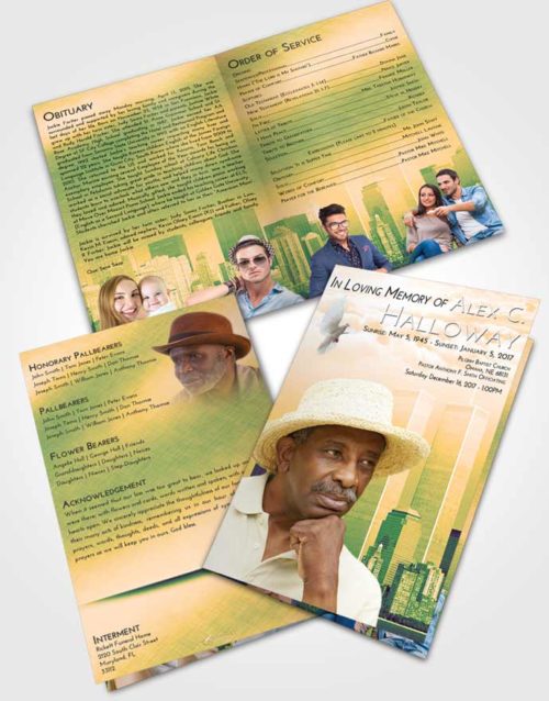 Bifold Order Of Service Obituary Template Brochure Emerald Serenity Cityscape