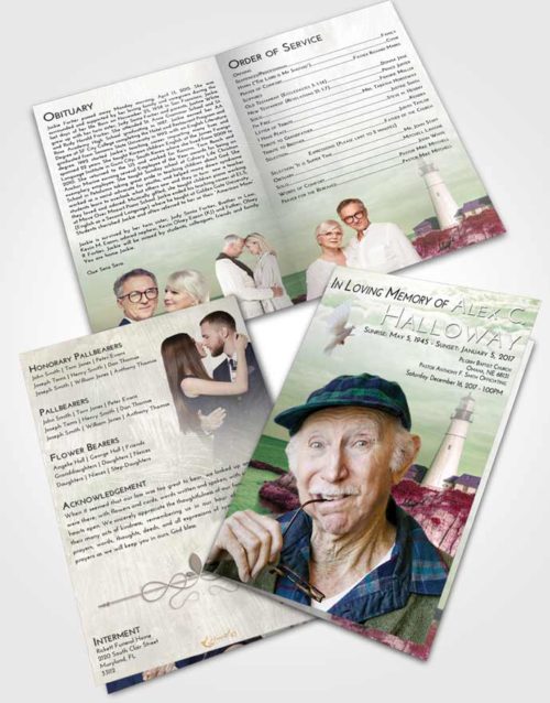 Bifold Order Of Service Obituary Template Brochure Emerald Sunrise Lighthouse Journey