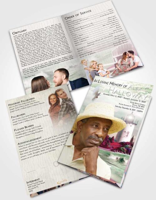 Bifold Order Of Service Obituary Template Brochure Emerald Sunrise Lighthouse Laughter
