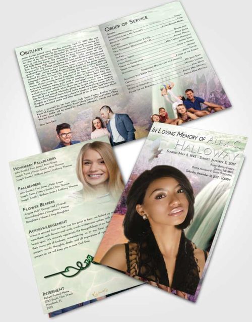 Bifold Order Of Service Obituary Template Brochure Emerald Waterfall Serenity