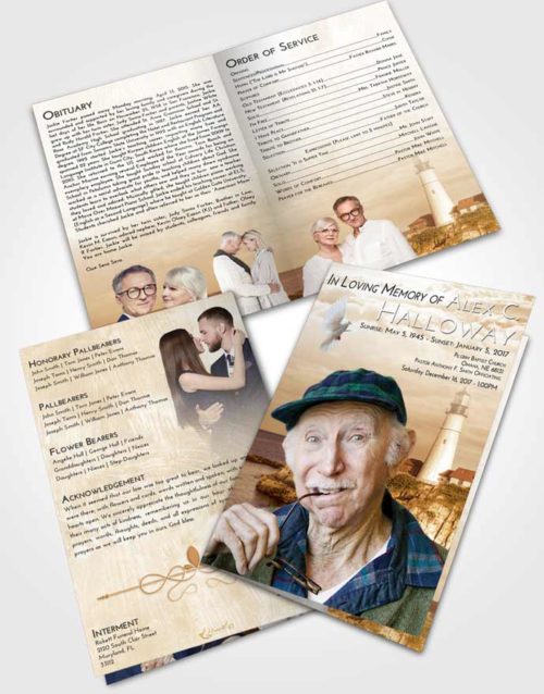 Bifold Order Of Service Obituary Template Brochure Golden Lighthouse Journey