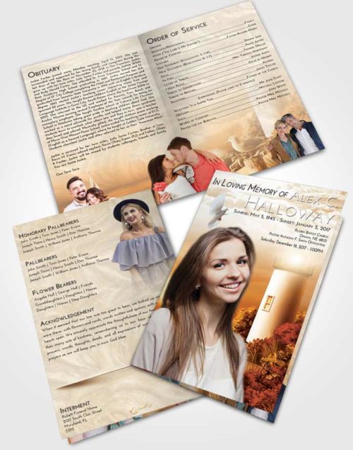Bifold Order Of Service Obituary Template Brochure Golden Lighthouse Mystery